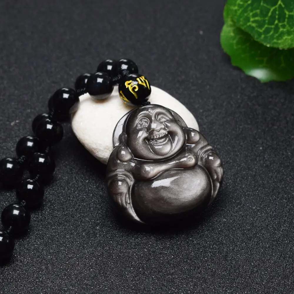

Natural Stone Silver Obsidian Pendant Necklace Hand Carved Buddha Statue Lucky Guardian Pendant Necklace for Men and Women