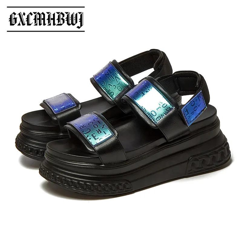

GXCMHBWJ Women Genuine Leather Flat Platform Sandals Roman Gladiator Style Peep Toe Back Velcro Design Thick Bottom Ladies Shoes