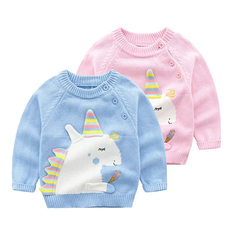 

High Quality Winter Toddler Baby Sweater Cartoon Boy Girl Tops Long Sleeve Blue Pink Sweaters 100% Cotton 1-3T