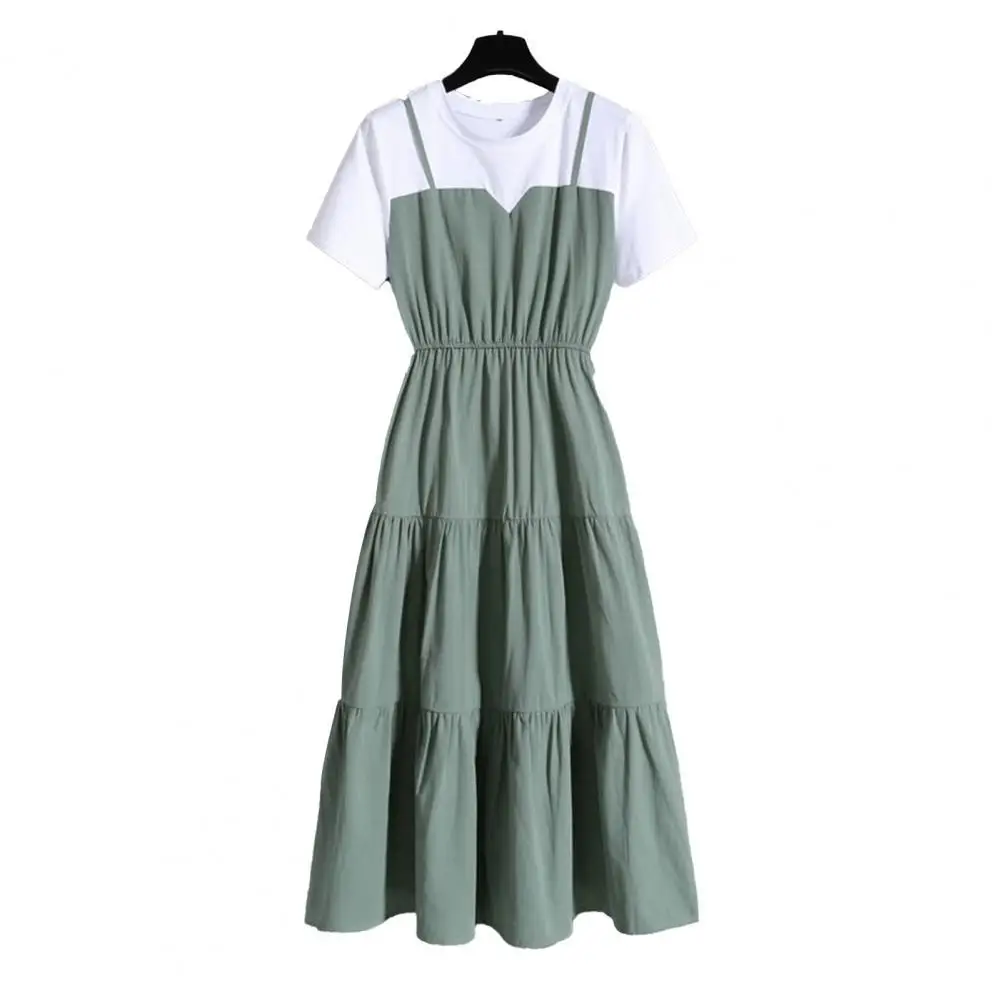 

Summer Mid Dress Color Block Short Sleeve Women Round Neck Waist Tight Dress for Dating Streetwear
