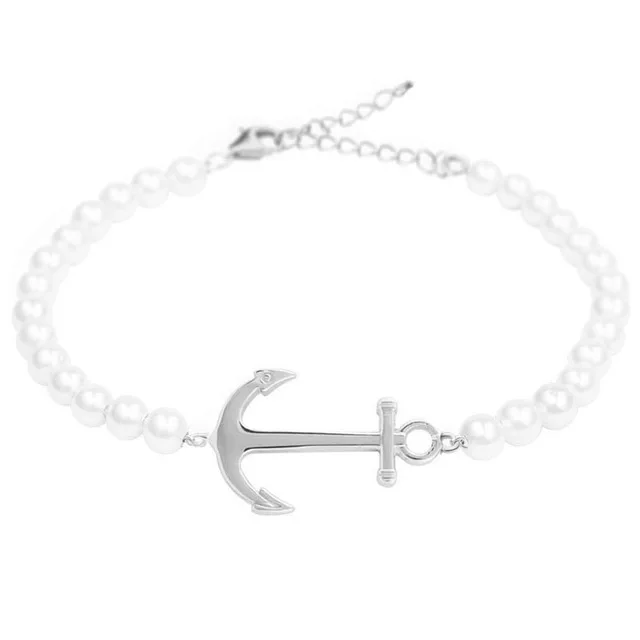 

Runda 2020 Rose Gold Anchor-Shaped Charm Girly Bracelet, Ladies Fashion Stainless Steel Pearl Beaded Jewelry