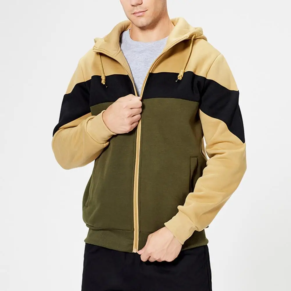 

Men's Coat Long Sleeves Patchwork Striped Hoodie Sweatshirt Fashion Color Block Zipper Hooded Drawstring Pockets Sweatshirt Male