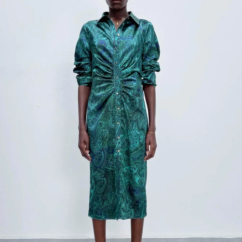 

Женское длинное платье-рубашка с принтом, Повседневное платье средней длины с длинным рукавом и рюшами, весна 2022