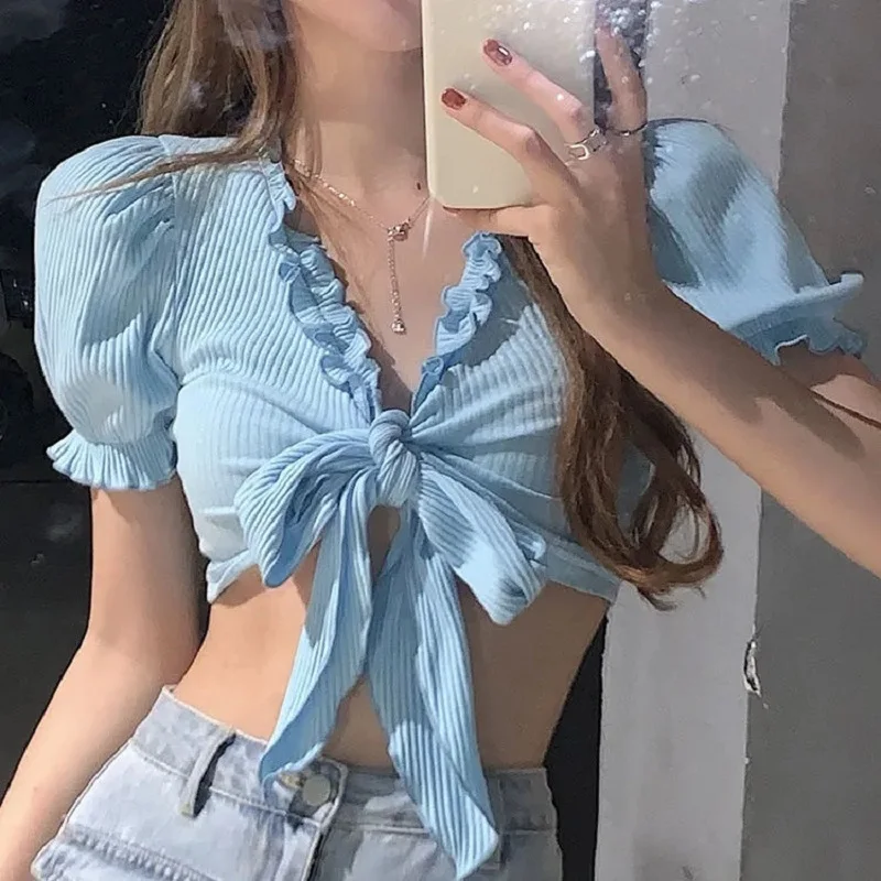 

women's t-shirt Tie with wood ears and bow short tops with ruffles and puff sleeves t-shirt summer Female clothing crop top y2k