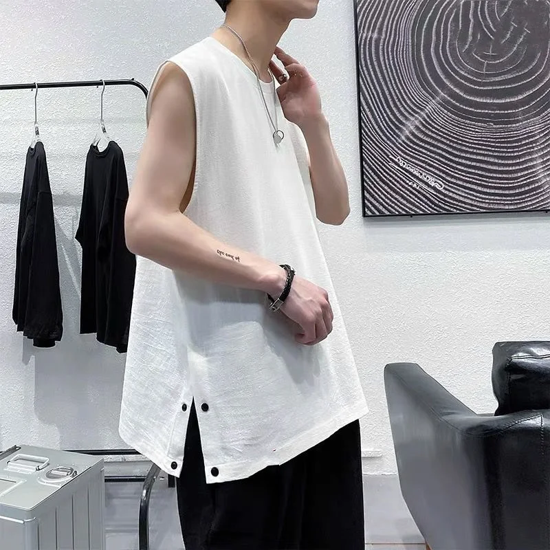 

Hem Split Fork Men Fashion Tank Top Loose All-Match White Black Vest Summer Oversized Casual Tshirt Gym Clothing Sports Football