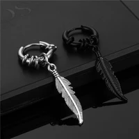 women mens stainless steel earrings tassels feather pendant dangle drop earrings unisex party hip hop jewelry