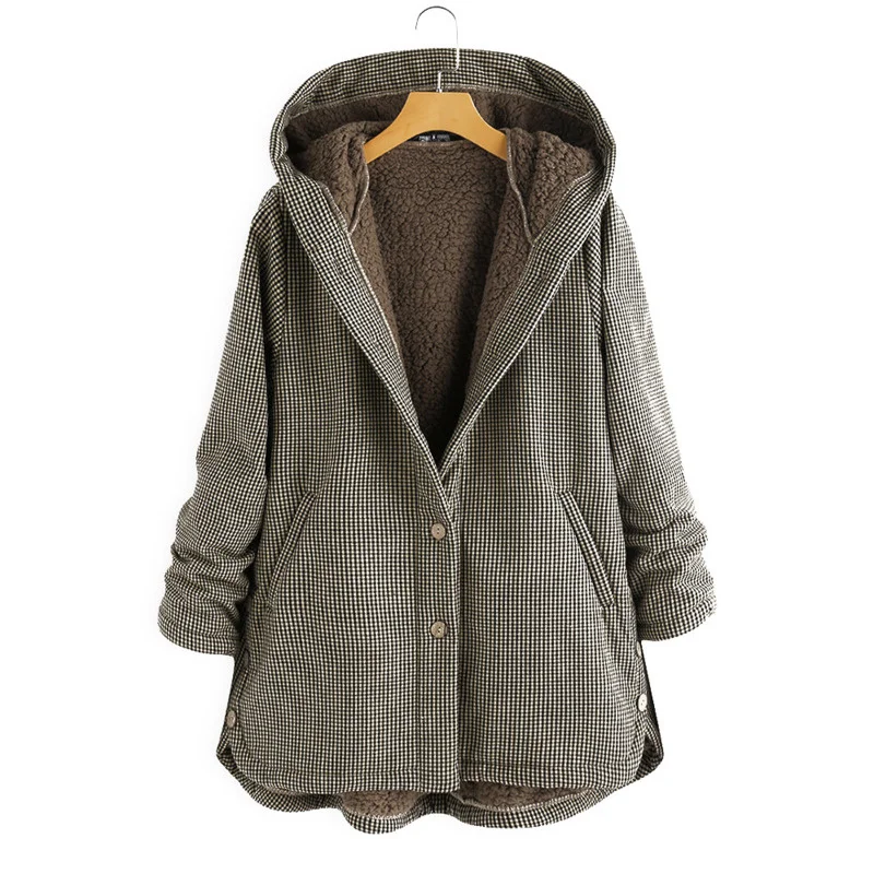 Abrigo holgado a cuadros con botones de terciopelo para mujer, chaqueta con capucha de calle alta, femenino de otoño e invierno abrigo, novedad