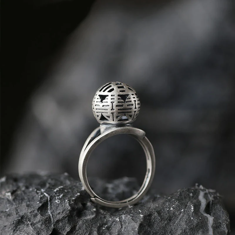 

New S925 Sterling Silver Ring Retro Double Happiness Text Hollow Round Ball Ring Opening Adjustment Chinese Style Jewelry