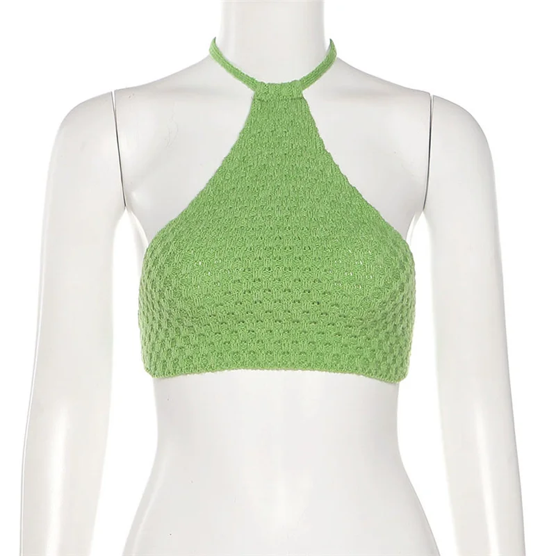 

Hakter Summer Knitting Sexy Halter Crop Tops For Women Sleeveless Backless Bandage Lace Up Top Cropped Club Party Outfits