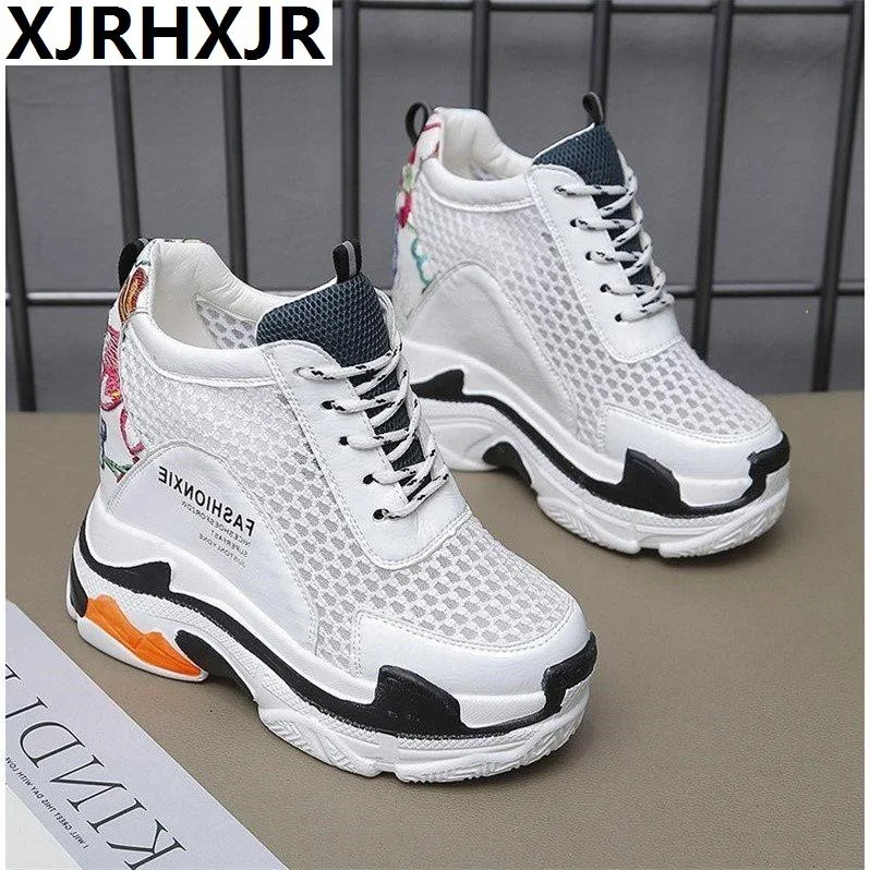 12 см высокие женские дышащие спортивные сетки кроссовки легкие на высокой