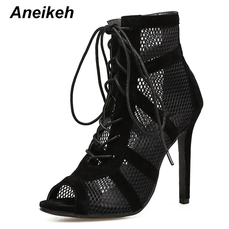 Aneikeh 2022 Fashion Basic Sandals Boots Women High Heels Pumps Sexy Hollow Out Mesh Lace-Up Cross-tied Boots Party Shoes 35-42