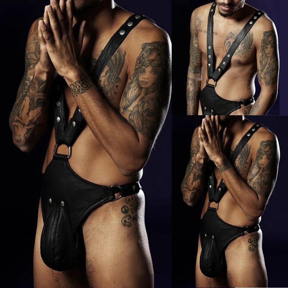 

2021 New Faux Leather Tight-Fitting Jumpsuit Thong T-back Button Men Sexy Underwear Item Fabric Polyurethane Leather Jumpsuit