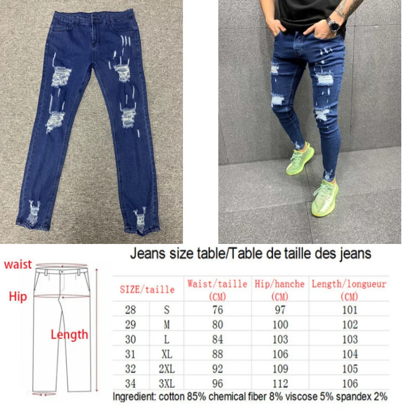 

Mens ripped jeans blue classic pencil jeans trousers fashion street biker Hole jeans hip-hop party work basic men denim clothing