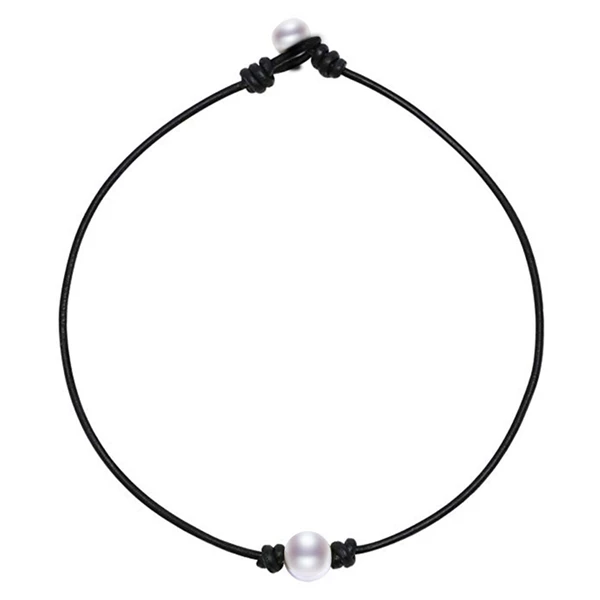 HABITOO Simple 100% 11mm Natural White Freshwater Pearl Choker Leather Necklace for Women Fashion Jewelry 15inches Gift