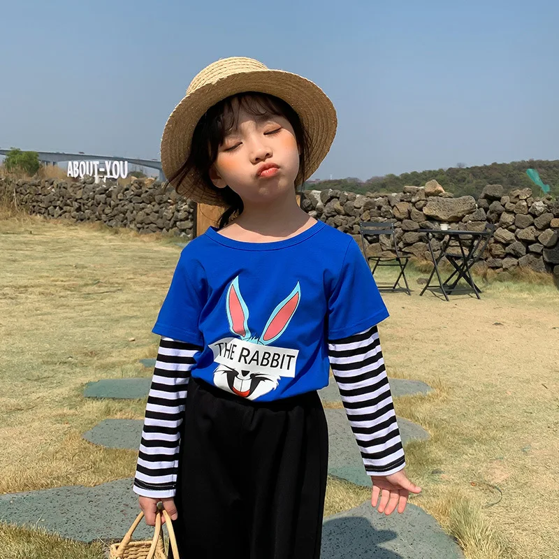 

Children's Clothing Spring Autumn Kids Girls Long Sleeve Cotton T Shirts Fake Two Striped Cartoon T-shirts for Boys Baby Clothes