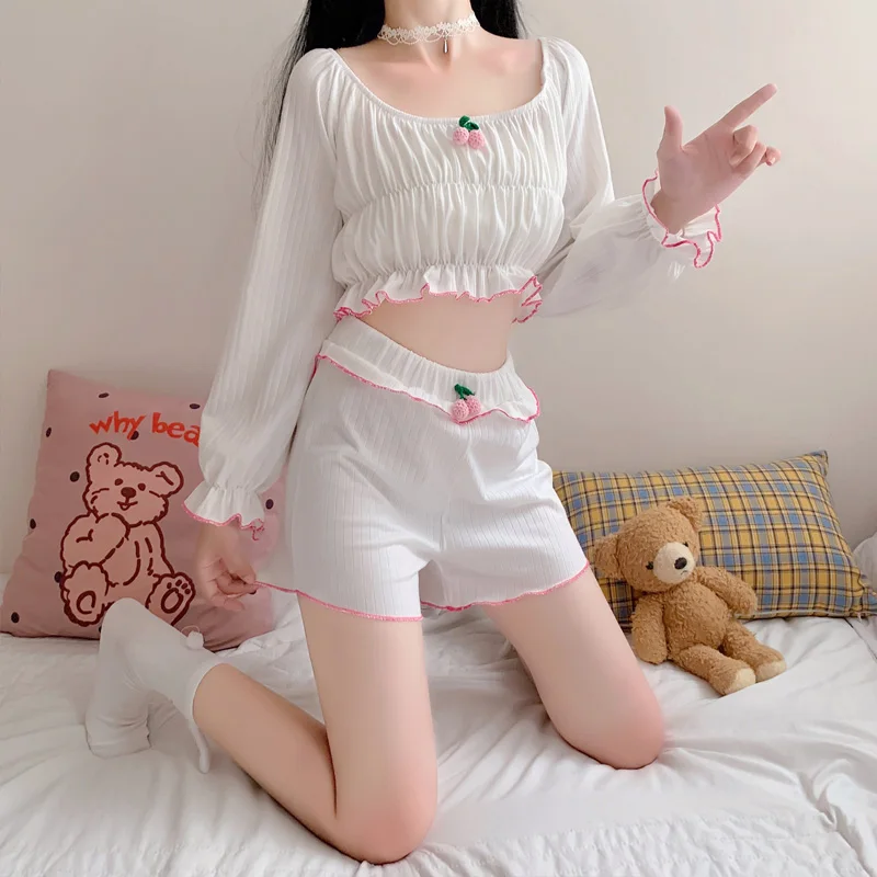 Cherry Girly Lace Sweet Homeware Suit Y2k Pajamas Pants Suits Women Kawaii Girl Spring Long Sleeve Crop Top Shorts Pajamas 2 pcs