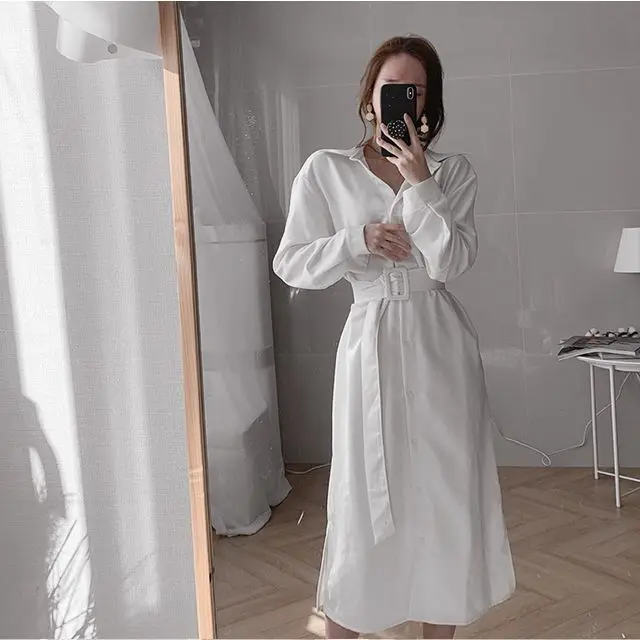 

Korean Style New Product Popular Temperament Casual Lapel Double-breasted Long Shirt Type Belt Dress Women's Matching Color Belt