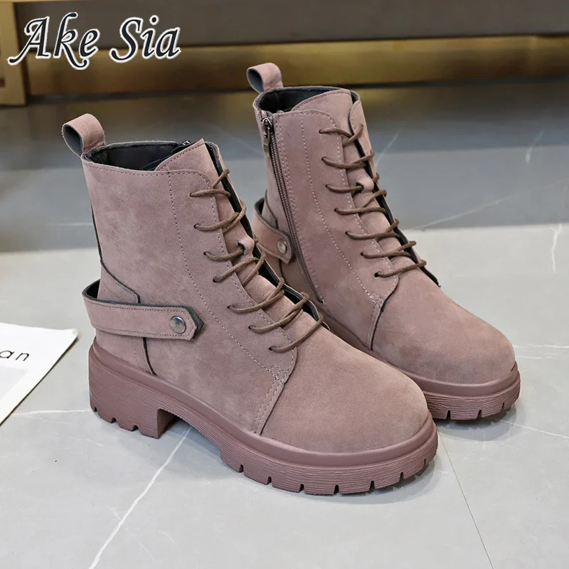 Женские замшевые ботильоны ботинки на низком каблуке с круглым носком шнуровке в