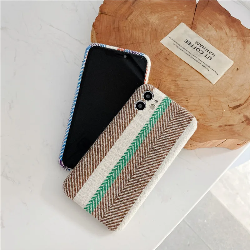 Luxury Linen cotton fabric Phone Case For iphone 11 Pro Max SE 2020 7 8 plus Retro stripes Soft Back Cover XS X XR | Мобильные