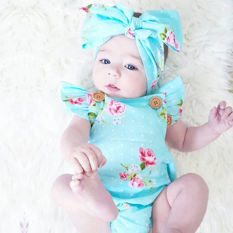 

Baby Girl Outfit Flora Print Romper with Headband Two Piece Set Flare Sleeves New Born Children Clothes for Little Girl baby