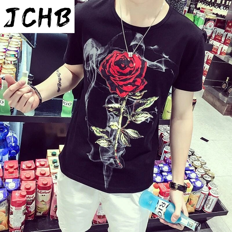 

2021 New Short-sleeved Men's Trend Korean Style of the All Matching Slim Couple Dress T-shirt Printing Roses Half-sleeve