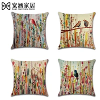 nordic bird forest cushion cover home decor watercolor bird square pillowcase cotton linen throw pillow cover 4545cm hogar