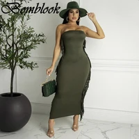 bomblook casual fashion bodycon dresses for women 2021 autumn solid strapless backless tassel midi dress female streetwears
