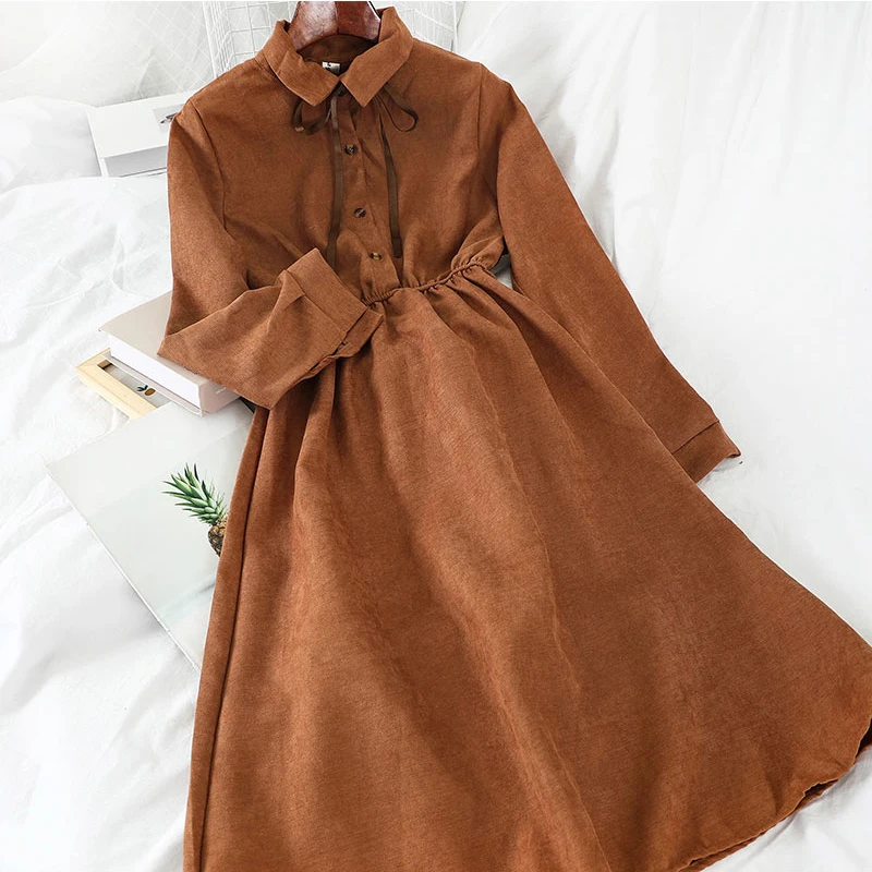 Spring Women Kawaii Solid High Waist A-Line Knee-Length Dress Casual Korean Bow Turn-Down Collar Long Sleeve Vestidos | Женская одежда
