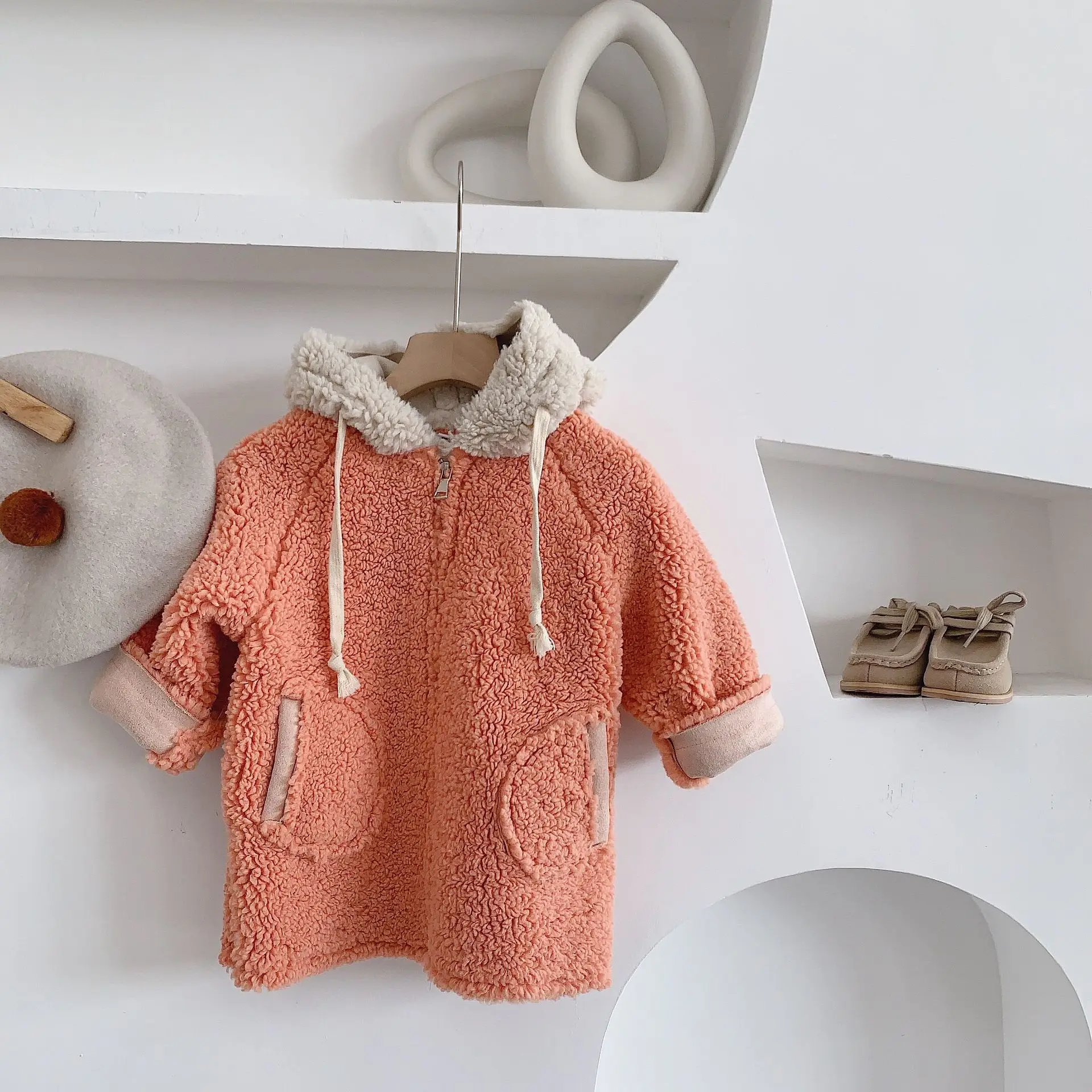 orange Winter fashion boys girls woolen hooded thick zipper jackets chilren loose oversized coats kids outwear - Цвет: orange