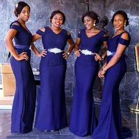 2020 aso ebi bridesmaid dresses mermiad roral blue v neck appliqued belt bowknot back long evening sweep train for bridal party