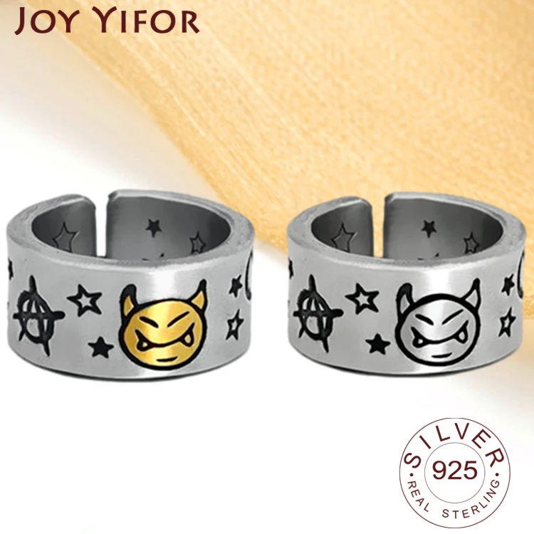 

925 стерлингового серебра, новые браслеты, простой дизайн с демоническим рисунком Винтажное кольцо в стиле ретро; Искусственно состаренные о...