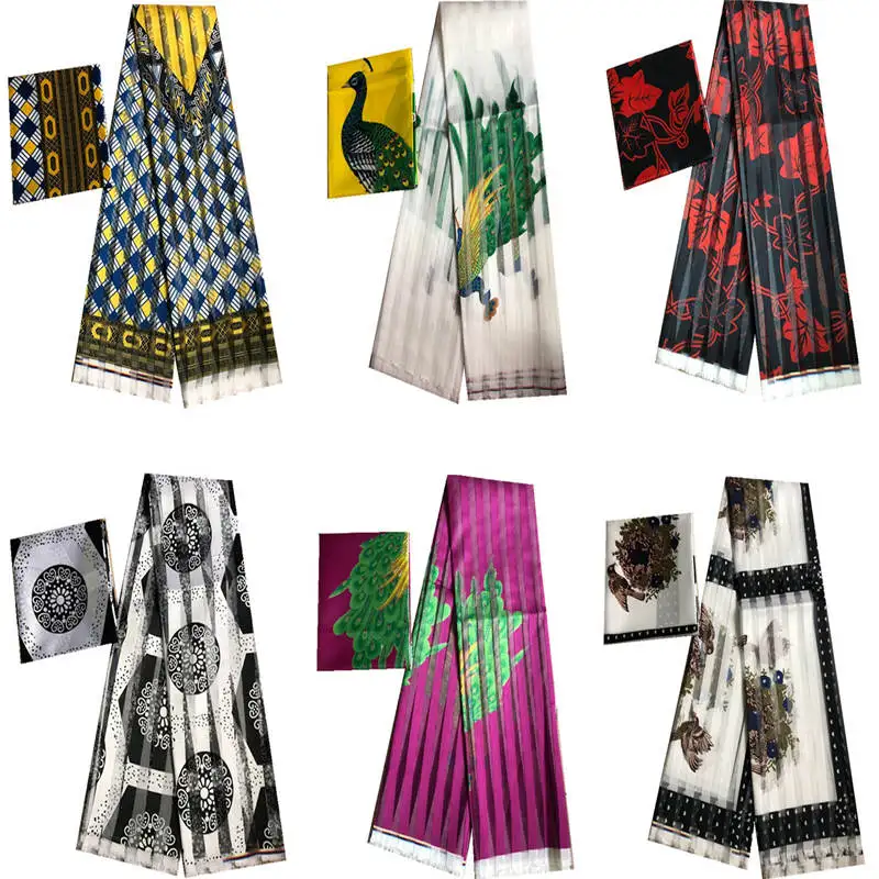 

African fabric Organza silk pattern satin silk fabric high quality printed satin fabric wax for party dress 3+3 Yards/lot.