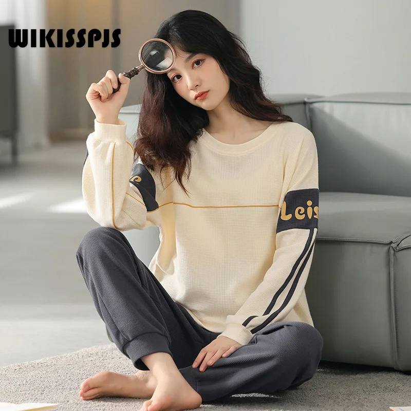 WIKISSPJS Cotton Pajamas Women's Spring and Autumn Loose and Comfortable Round Neck Home Clothes Long Sleeve Korean Suit Pjs
