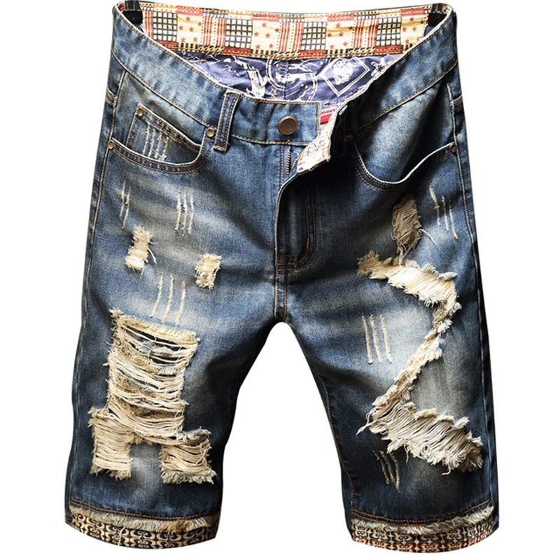 

New Men's male casual fashion summer holes ripped denim shorts Trendy patchwork knee length jeans Beggar Capri