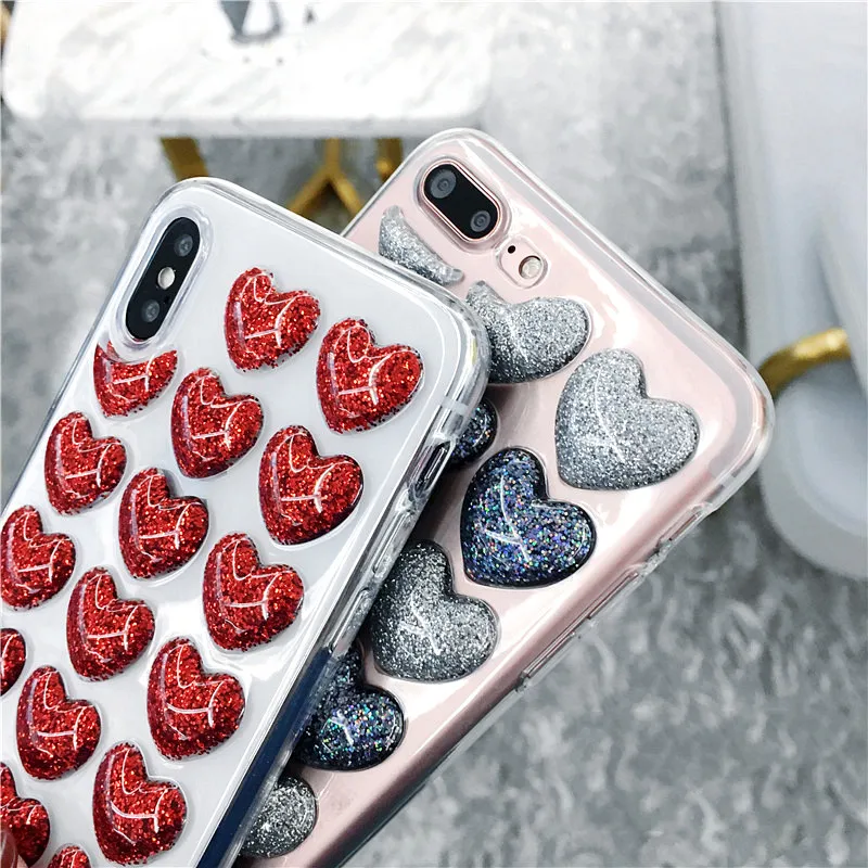 Модный сверкающий Блестящий силиконовый чехол с сердечками для iPhone 7 8 XR XS Max 6 6s Plus 5 SE задняя крышка 3D Love блестки мягкий чехол