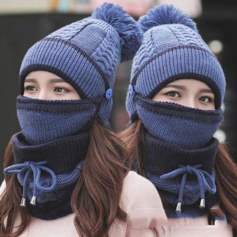 

3-piece set of anti-fog hat women winter beanie velvet thick bib face mask dust cap thick warm knitted wool hat