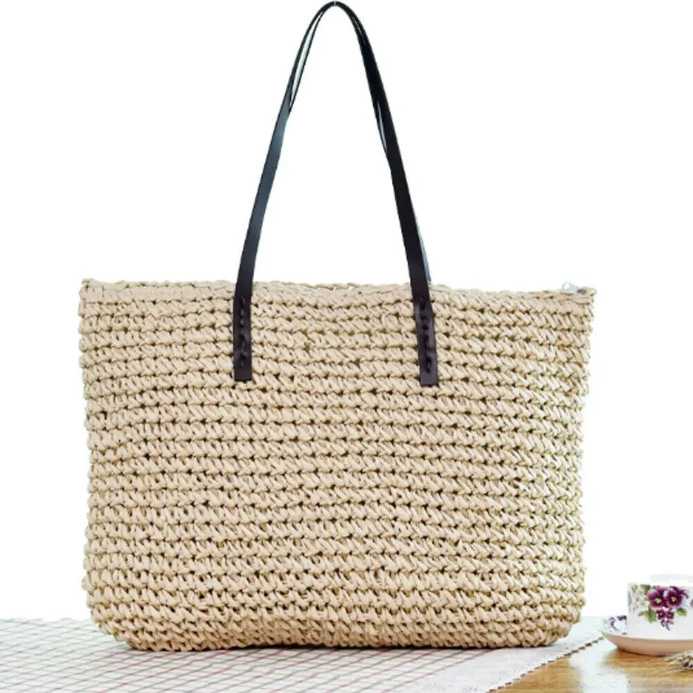 

New Casual Women Handbag Summer Beach Vintage Handmade Knitted Straw Rattan Bag Large Shoulder Bags Boho Woven Handbag