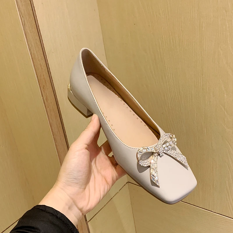 

Gentle And Shiny Rhinestone Bowknot Square Toe Single Shoes Low Heel Comfortable Casual Pumps Fashionable Elegant Women's Shoes