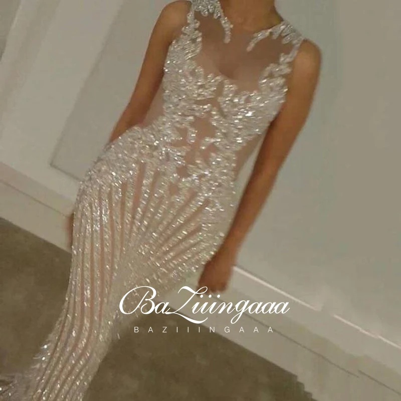 BAZIIINGAAA Luxury Evening Dresses Long Woman Gown 2021 Sequins Robe De Soir Parties Plus Size Bride Dress Prom Party Gowns | Свадьбы и