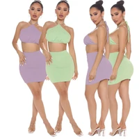 purple green color summer sexy short outfits backless crop tops halter back tie cami tank skinny mini short skirt 2 pieces sets