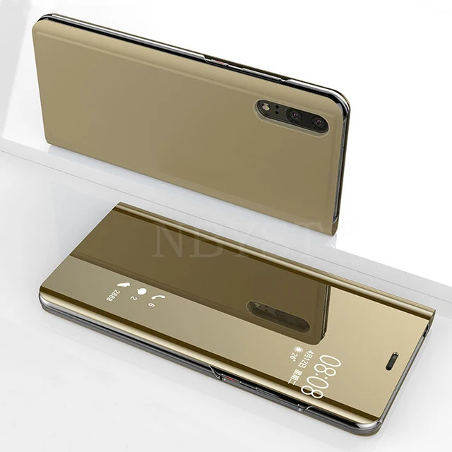 Зеркальный кожаный чехол с «умной» передней панелью для huawei P Smart P20 P10 P9 P8 Lite Y5 Y6 Y7 Y9 Nova 2i 3E Honor 7A 7C Pro 8 9 Lite - Цвет: Gold