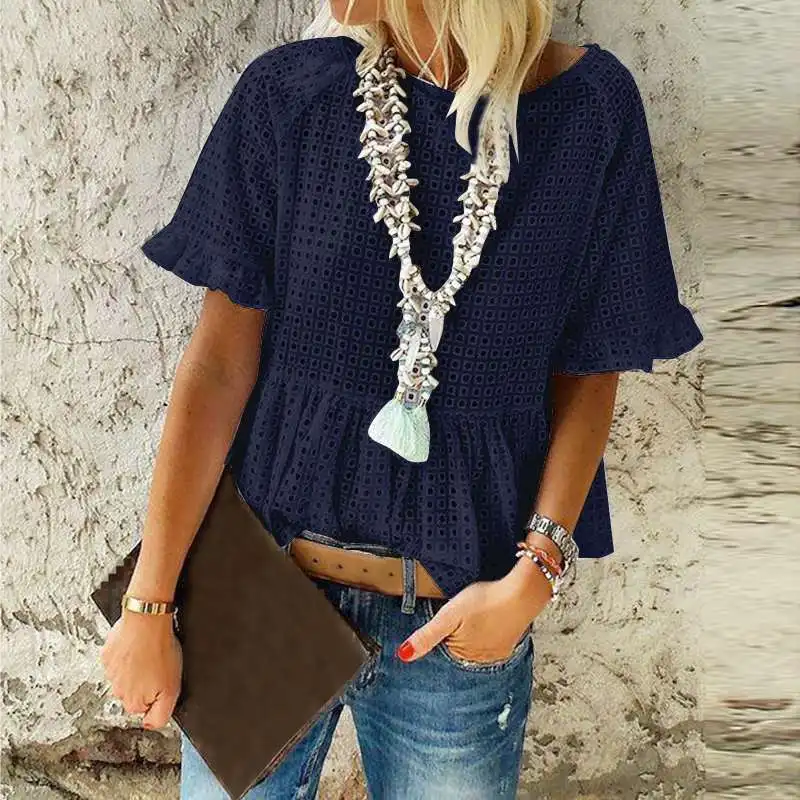 

Women Sexy Tops Tunic Women's Hollow Out Blouse 2021 Fashion Summer Lace Tops Short Sleeve Blouse Female O Neck Casual Blusas