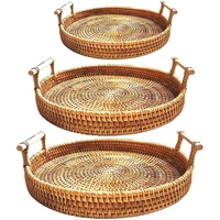 hand woven round rattan tray with handles bread basket food organizer storage plate home table decor for coffee fruit snacks