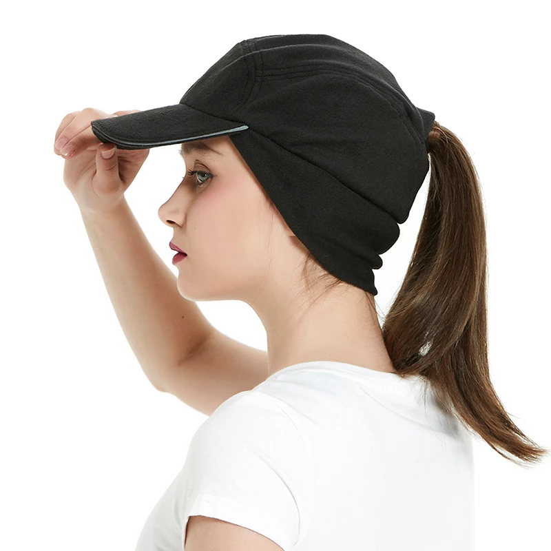 Женская зимняя флисовая шапка с хвостом для бега опущенными ушками бейсбольная