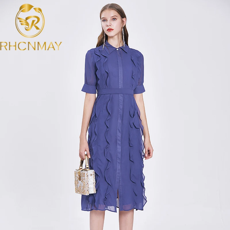 

Женское шифоновое платье-рубашка, фиолетовое длинное платье миди с оборками, с коротким рукавом, на завязках, на пуговицах, в Корейском стил...