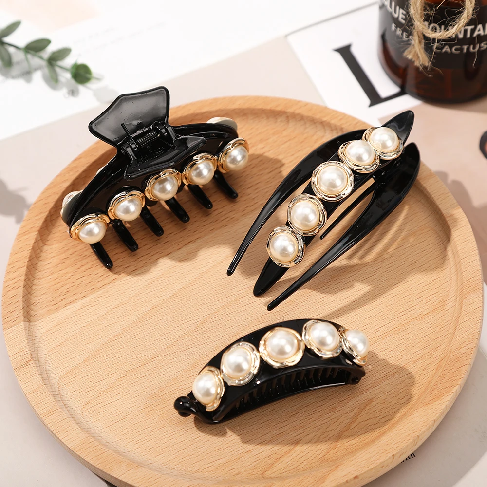 

AWAYTR Korean Pearl Hair Clip Black Frosted Hair Catch Girl's Word Clip Women's Hair Accessories Head Wrap Simple Hair Curler