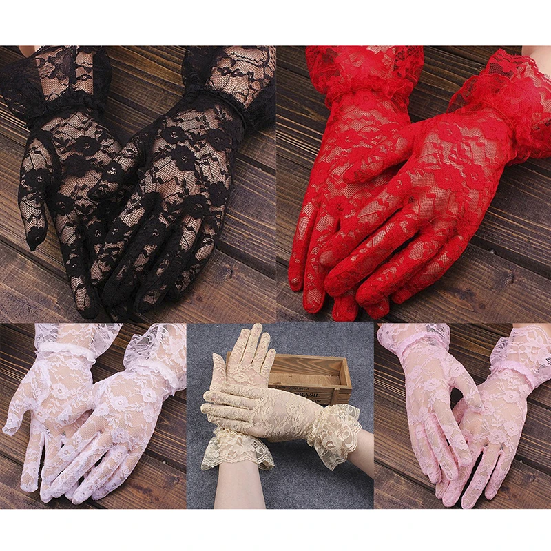 1 Pair Women Bridal Evening Wedding Accessories Party Prom Driving Costume Short Lace Gloves Black/Red/White/Pink/Beige color
