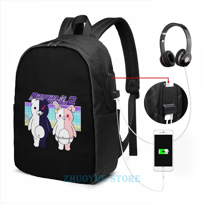 Monokuma и Monomi (Danganronpa v2) Графический Рюкзак с USB зарядкой мужские школьные сумки