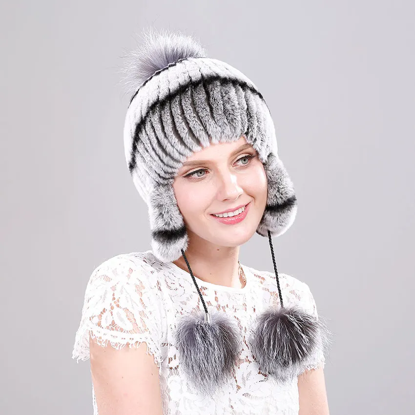 ICYMI Настоящий мех кролика шапка с ушами эластичные вязаные женские зимние