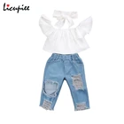 Комплект из 3 предметов, милая детская одежда для маленьких девочек хлопковый топ с короткими рукавами и открытыми плечами, джинсовые штаны рваные джинсы, комплект одежды, От 2 до 6 лет
